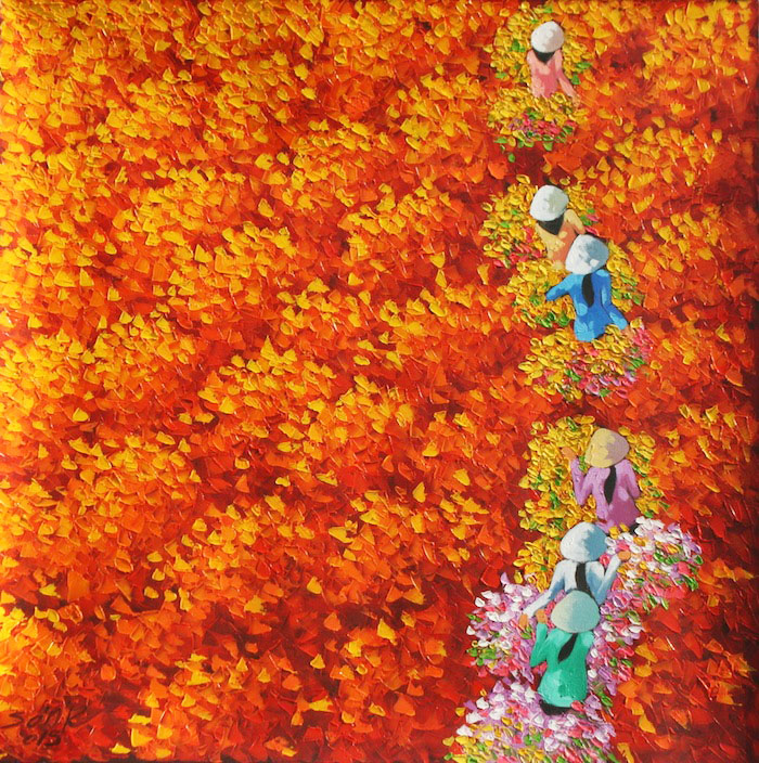 Red flower field 01 - Oil on Canvas painting by Vietnamese Artist Duong ...